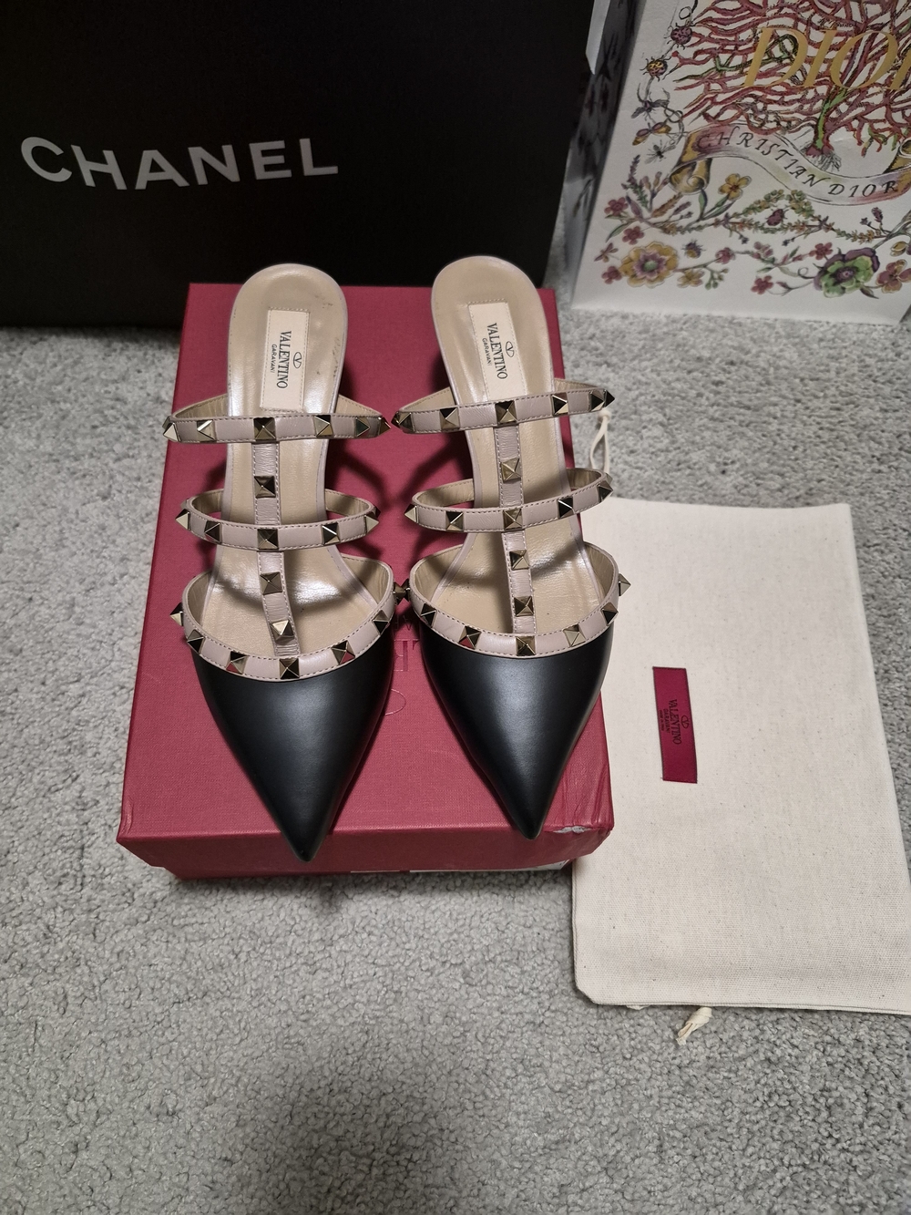 Valentino Black Pointed-Toe Studded Mule Heels with Nude Straps